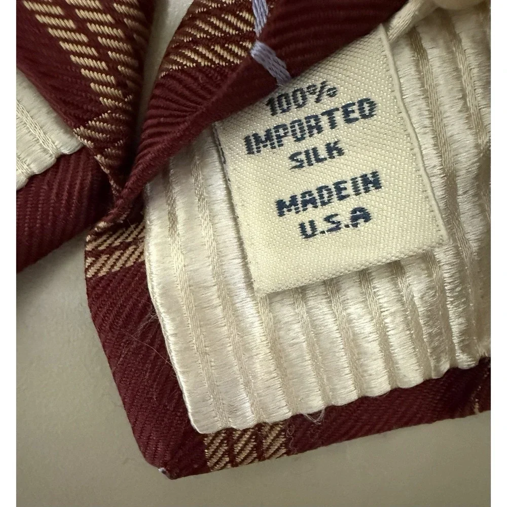 John W. Nordstrom Neck Tie Men's Plaid 100% Imported Silk Burgundy Gold USA Made
